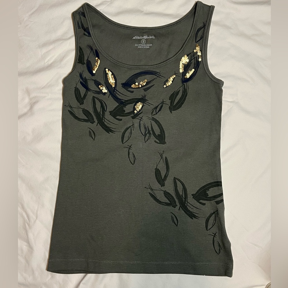 Eddie Bauer Olive Green Tank Leaf Print and Gold Sequin Accents